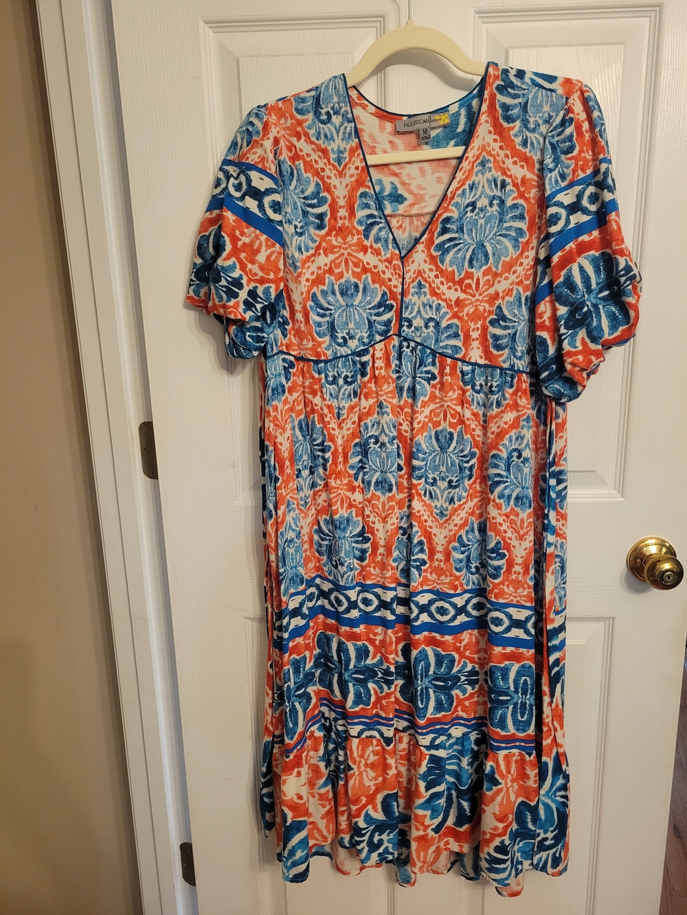 Printed V-Neck Midi Dress in Blue and Coral
